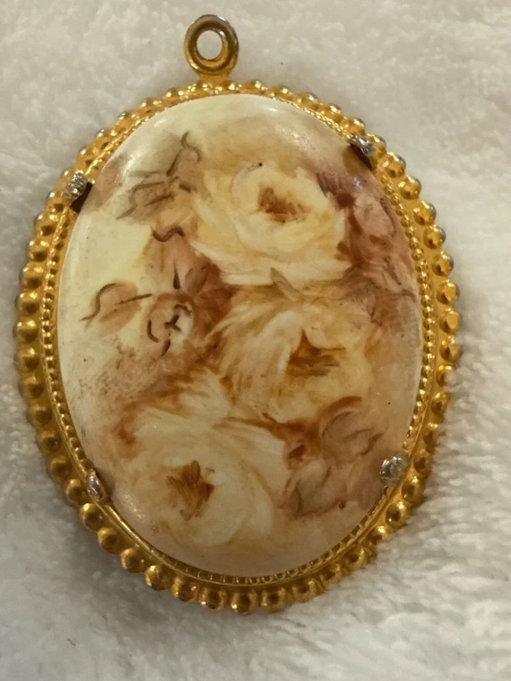 Vintage Gold-Tone Oval Pendant With Floral Design & Scalloped Edges Signed 
